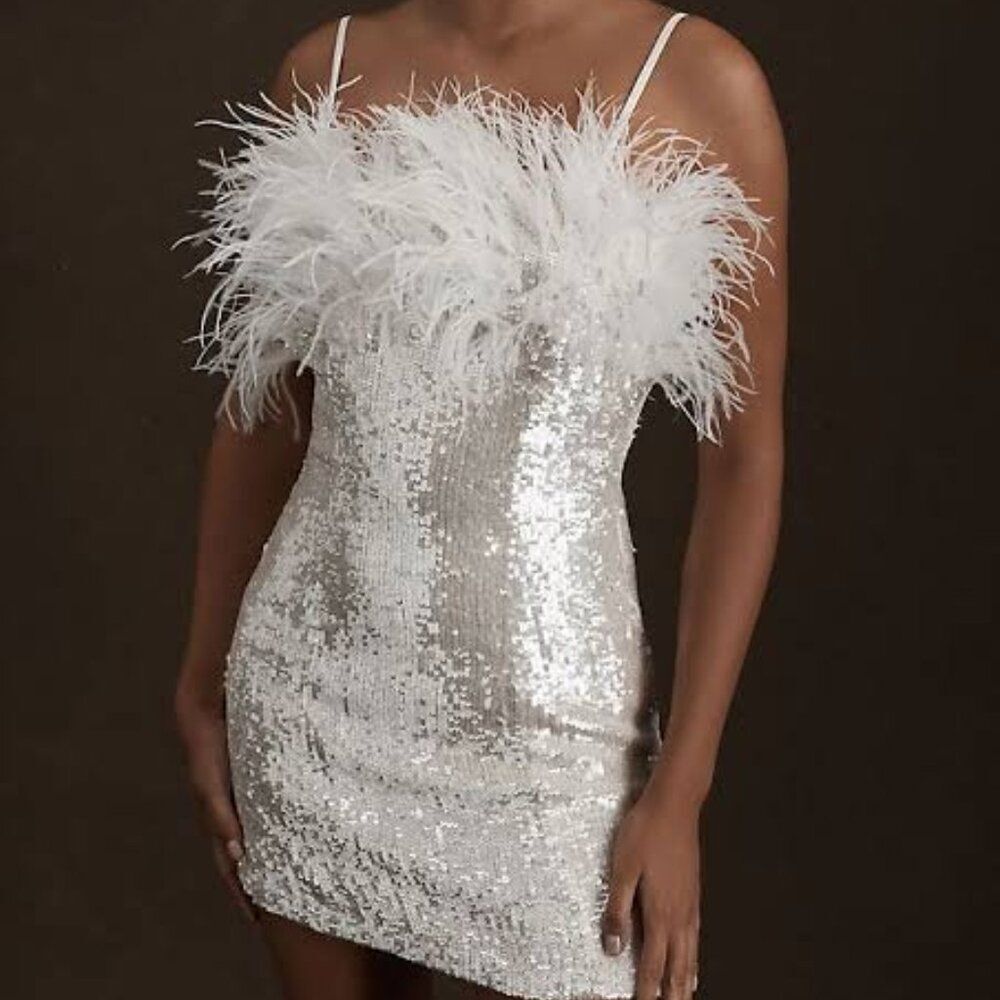ANTHROPOLOGIE Audrey Adele‎ Adelaide Feather White Sequin Mini Dress Size 6 NWT